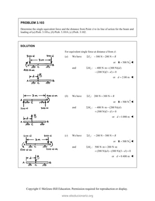 Copyright © McGraw-Hill Education. Permission required for reproduction or display.
PROBLEM 3.103
Determine the single equivalent force and the distance from Point A to its line of action for the beam and
loading of (a) Prob. 3.101a, (b) Prob. 3.101b, (c) Prob. 3.102.
SOLUTION
For equivalent single force at distance d from A:
(a) We have : 300 N 200 N
Y
F R
   
or 500 N

R 
and : 400 N m (300 N)( )
(200 N)(3 ) 0
C
M d
d
   
  
or 2.00 m
d  
(b) We have : 200 N 300 N
Y
F R
  
or 500 N

R 
and : 400 N m (200 N)( )
(300 N)(3 ) 0
C
M d
d
   
  
or 1.000 m
d  
(c) We have : 200 N 300 N
Y
F R
   
or 500 N

R 
and : 500 N m 200 N m
(200 N)( ) (300 N)(3 ) 0
C
M
d d
   
   
or 0.400 m
d  
www.elsolucionario.org
 
