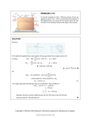 Copyright © McGraw-Hill Education. Permission required for reproduction or display.
PROBLEM 3.110
To test the strength of a 625  500-mm suitcase, forces are
applied as shown. If P = 88 N, (a) determine the resultant of
the applied forces, (b) locate the two points where the line
of action of the resultant intersects the edge of the suitcase.
SOLUTION
We have
First replace the applied forces and couples with an equivalent force-couple system at B.
(a )Thus,
45
: 100 (212) 180
53
x x
F R
    ; 100 N
x
R 
28
: (212) 88
53
y y
F R
    ; 200 N
y
R  
(100 N) (200 N)
 
R i j
224 N

R 63.4° 
(b)
28
: (0.1 m)(100 N) (0.53 m) (212 N)
53
(0.08 m)(88 N) (0.28 m)(180 N)
B
B
M
M
 
   
 
  
26.0 N m
B
M   (1)
The single equivalent force R must then act as indicated. Then with R at E:
: 26.0 N m (200 N)
B
M x
   
130 mm
x 
2
or 260 mm
1
y
y
x
 
Therefore, the line of action of R intersects top AB 130.0 mm to the left of B and
intersects side BC 260 mm below B. 
www.elsolucionario.org
 