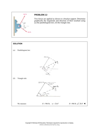 SOLUT
(a) P
(b) T
W
TION
arallelogram l
Triangle rule:
We measure:
PR
Two
grap
(a)
law:
OBLEM 2.2
o forces are
phically the
the parallelo
90
R =
2
applied as s
magnitude
ogram law, (
06 lb, 2
α =
shown to a b
and directio
(b) the triang
26.6°
bracket supp
on of their r
gle rule.
906
R =
ort. Determi
resultant usi
6 lb 26.6°
ine
ing
Copyright © McGraw-Hill Education. Permission required for reproduction or display.
www.elsolucionario.org
 
