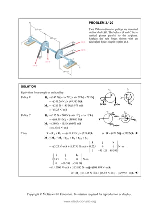 Copyright © McGraw-Hill Education. Permission required for reproduction or display.
PROBLEM 3.120
Two 150-mm-diameter pulleys are mounted
on line shaft AD. The belts at B and C lie in
vertical planes parallel to the yz-plane.
Replace the belt forces shown with an
equivalent force-couple system at A.
SOLUTION
Equivalent force-couple at each pulley:
Pulley B: (145 N)( cos20 sin 20 ) 215 N
(351.26 N) (49.593 N)
(215 N 145 N)(0.075 m)
(5.25 N m)
B
B
     
  
  
  
R j k j
j k
M i
i
Pulley C: (155 N 240 N)( sin10 cos10 )
(68.591 N) (389.00 N)
(240 N 155 N)(0.075 m)
(6.3750 N m)
C
C
     
  
 
 
R j k
j k
M i
i
Then (419.85 N) (339.41)
B C
    
R R R j k or (420 N) (339 N)
 
R j k 
/ /
(5.25 N m) (6.3750 N m) 0.225 0 0 N m
0 351.26 49.593
+ 0.45 0 0 N m
0 68.591 389.00
(1.12500 N m) (163.892 N m) (109.899 N m)
A B C B A B C A C
     
      


 
     
M M M r R r R
i j k
i i
i j k
i j k
or (1.125 N m) (163.9 N m) (109.9 N m)
A      
M i j k 
www.elsolucionario.org
 