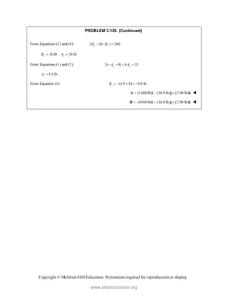 Copyright © McGraw-Hill Education. Permission required for reproduction or display.
PROBLEM 3.126 (Continued)
From Equations (2) and (4): 2 8( ) 360
y y
B B
  
36 lb 36 lb
y y
B A
 
From Equations (1) and (5): 2( 8) 8 32
x x
A A
   
1.6 lb
x
A 
From Equation (1): (1.6 8) 9.6 lb
x
B     
(1.600 lb) (36.0 lb) (2.00 lb)
  
A i j k 
(9.60 lb) (36.0 lb) (2.00 lb)
   
B i j k 
www.elsolucionario.org
 