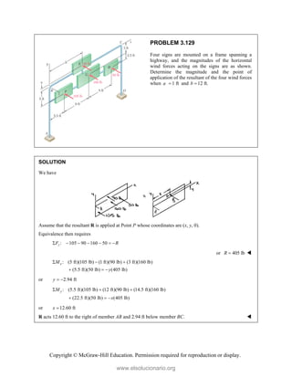 Copyright © McGraw-Hill Education. Permission required for reproduction or display.
PROBLEM 3.129
Four signs are mounted on a frame spanning a
highway, and the magnitudes of the horizontal
wind forces acting on the signs are as shown.
Determine the magnitude and the point of
application of the resultant of the four wind forces
when 1 ft
a  and 12 ft.
b 
SOLUTION
We have
Assume that the resultant R is applied at Point P whose coordinates are (x, y, 0).
Equivalence then requires
: 105 90 160 50
z
F R
      
or 405 lb
R  
: (5 ft)(105 lb) (1 ft)(90 lb) (3 ft)(160 lb)
(5.5 ft)(50 lb) (405 lb)
x
M
y
  
  
or 2.94 ft
y  
: (5.5 ft)(105 lb) (12 ft)(90 lb) (14.5 ft)(160 lb)
(22.5 ft)(50 lb) (405 lb)
y
M
x
  
  
or 12.60 ft
x 
R acts 12.60 ft to the right of member AB and 2.94 ft below member BC. 
www.elsolucionario.org
 
