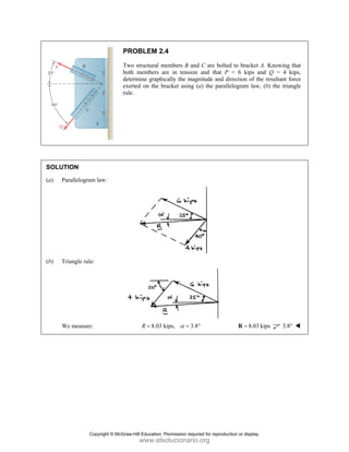 PROBLEM 2.4
Two structural members B and C are bolted to bracket A. Knowing that
both members are in tension and that P = 6 kips and Q = 4 kips,
determine graphically the magnitude and direction of the resultant force
exerted on the bracket using (a) the parallelogram law, (b) the triangle
rule.
SOLUTION
(a) Parallelogram law:
(b) Triangle rule:
We measure: 8.03 kips, 3.8
R α
= = ° 8.03 kips
=
R 3.8°
Copyright © McGraw-Hill Education. Permission required for reproduction or display.
www.elsolucionario.org
 