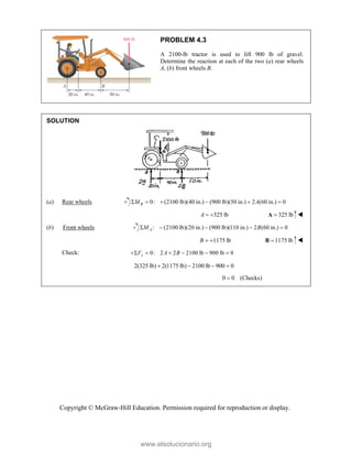Copyright © McGraw-Hill Education. Permission required for reproduction or display.
PROBLEM 4.3
A 2100-lb tractor is used to lift 900 lb of gravel.
Determine the reaction at each of the two (a) rear wheels
A, (b) front wheels B.
SOLUTION
(a) Rear wheels 0: (2100 lb)(40 in.) (900 lb)(50 in.) 2 (60 in.) 0
B
M A
     
325 lb
A   325 lb

A 
(b) Front wheels : (2100 lb)(20 in.) (900 lb)(110 in.) 2 (60 in.) 0
A
M B
    
1175 lb
B   1175 lb

B 
Check: 0: 2 2 2100 lb 900 lb 0
y
F A B
     
2(325 lb) 2(1175 lb) 2100 lb 900 0
   
0 0 (Checks)
 
www.elsolucionario.org
 