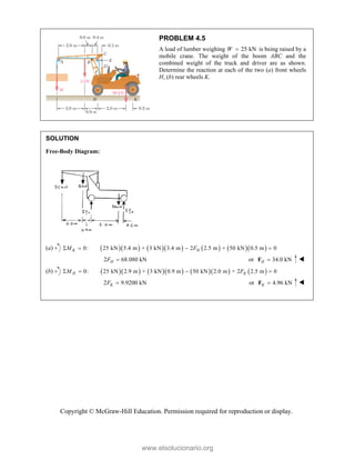 Copyright © McGraw-Hill Education. Permission required for reproduction or display.
PROBLEM 4.5
A load of lumber weighing 25 kN
W  is being raised by a
mobile crane. The weight of the boom ABC and the
combined weight of the truck and driver are as shown.
Determine the reaction at each of the two (a) front wheels
H, (b) rear wheels K.
SOLUTION
Free-Body Diagram:
(a)           
0: 25 kN 5.4 m + 3 kN 3.4 m 2 2.5 m + 50 kN 0.5 m 0
K H
M F
   
2 68.080 kN
H
F  or 34.0 kN
H 
F 
(b)           
0: 25 kN 2.9 m + 3 kN 0.9 m 50 kN 2.0 m + 2 2.5 m 0
H K
M F
   
2 9.9200 kN
K
F  or 4.96 kN
K 
F 
www.elsolucionario.org
 