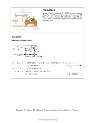 Copyright © McGraw-Hill Education. Permission required for reproduction or display.
PROBLEM 4.6
A load of lumber weighing 25 kN
W  is being raised as
shown by a mobile crane. Knowing that the tension is 25
kN in all portions of cable AEF and that the weight of boom
ABC is 3 kN, determine (a) the tension in rod CD, (b) the
reaction at pin B.
SOLUTION
Free-Body Diagram: (boom)
(a)           
0: 25 kN 2.6 m + 3 kN 0.6 m 25 kN 0.4 m 0.7 m 0
B CD
M T
    
81.143 kN
CD
T  or 81.1 kN
CD
T  
(b) 0: 0
x x
F B
   so that y
B B

 
0: 25 3 25 81.143 kN 0
y
F B
       
134.143 kN
B  or 134.1 kN

B 
www.elsolucionario.org
 