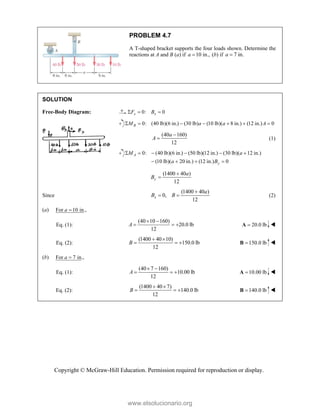 Copyright © McGraw-Hill Education. Permission required for reproduction or display.
PROBLEM 4.7
A T-shaped bracket supports the four loads shown. Determine the
reactions at A and B (a) if 10 in.,
a  (b) if 7 in.
a 
SOLUTION
Free-Body Diagram: 0: 0
x x
F B
  
0: (40 lb)(6 in.) (30 lb) (10 lb)( 8 in.) (12 in.) 0
B
M a a A
      
(40 160)
12
a
A

 (1)
0: (40 lb)(6 in.) (50 lb)(12 in.) (30 lb)( 12 in.)
(10 lb)( 20 in.) (12 in.) 0
A
y
M a
a B
     
   
(1400 40 )
12
y
a
B


Since
(1400 40 )
0,
12
x
a
B B

  (2)
(a) For 10 in.,
a 
Eq. (1):
(40 10 160)
20.0 lb
12
A
 
   20.0 lb

A 
Eq. (2):
(1400 40 10)
150.0 lb
12
B
 
   150.0 lb

B 
(b) For 7 in.,
a 
Eq. (1):
(40 7 160)
10.00 lb
12
A
 
   10.00 lb

A 
Eq. (2):
(1400 40 7)
140.0 lb
12
B
 
   140.0 lb

B 
www.elsolucionario.org
 