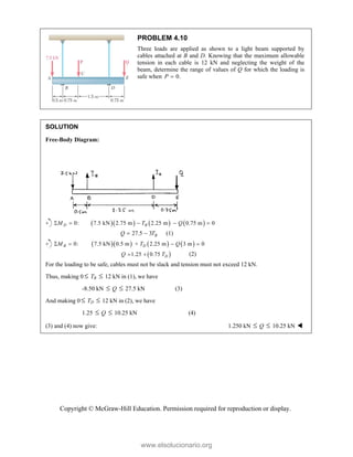 Copyright © McGraw-Hill Education. Permission required for reproduction or display.
PROBLEM 4.10
Three loads are applied as shown to a light beam supported by
cables attached at B and D. Knowing that the maximum allowable
tension in each cable is 12 kN and neglecting the weight of the
beam, determine the range of values of Q for which the loading is
safe when 0.
P 
SOLUTION
Free-Body Diagram:
      
0: 7.5 kN 2.75 m 2.25 m 0.75 m 0
D B
M T Q
    
27.5 3 B
Q T
  (1)
      
0: 7.5 kN 0.5 m + 2.25 m 3 m 0
B D
M T Q
   
 
1.25 0.75 D
Q T
  (2)
For the loading to be safe, cables must not be slack and tension must not exceed 12 kN.
Thus, making 0  TB  12 kN in (1), we have
-8.50 kN  Q  27.5 kN (3)
And making 0  TD  12 kN in (2), we have
1.25  Q  10.25 kN (4)
(3) and (4) now give: 1.250 kN  Q  10.25 kN 
www.elsolucionario.org
 