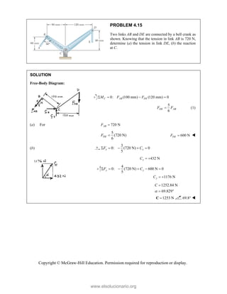 Copyright © McGraw-Hill Education. Permission required for reproduction or display.
PROBLEM 4.15
Two links AB and DE are connected by a bell crank as
shown. Knowing that the tension in link AB is 720 N,
determine (a) the tension in link DE, (b) the reaction
at C.
SOLUTION
Free-Body Diagram:
0: (100 mm) (120 mm) 0
C AB DE
M F F
   
5
6
DE AB
F F
 (1)
(a) For 720 N
AB
F 
5
(720 N)
6
DE
F  600 N
DE
F  
(b)
3
0: (720 N) 0
5
x x
F C
    
432 N
x
C  
4
0: (720 N) 600 N 0
5
1176 N
y y
y
F C
C
     
 
1252.84 N
69.829
C


 
1253 N

C 69.8° 
www.elsolucionario.org
 