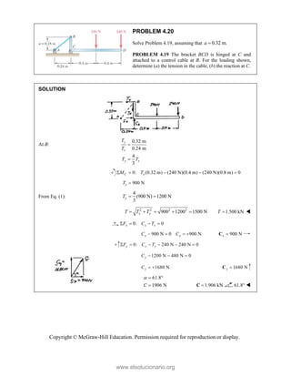 Copyright © McGraw-Hill Education. Permission required for reproduction or display.
PROBLEM 4.20
Solve Problem 4.19, assuming that 0.32 m.
a 
PROBLEM 4.19 The bracket BCD is hinged at C and
attached to a control cable at B. For the loading shown,
determine (a) the tension in the cable, (b) the reaction at C.
SOLUTION
At B:
0.32 m
0.24 m
4
3
y
x
y x
T
T
T T


0: (0.32 m) (240 N)(0.4 m) (240 N)(0.8 m) 0
C x
M T
    
900 N
x
T 
From Eq. (1):
4
(900 N) 1200 N
3
y
T  
2 2 2 2
900 1200 1500 N
x y
T T T
     1.500 kN
T  
0: 0
x x x
F C T
   
900 N 0 900 N
x x
C C
    900 N
x 
C
0: 240 N 240 N 0
y y y
F C T
     
1200 N 480 N 0
y
C   
1680 N
y
C   1680 N
y 
C
61.8
1906 N
C
  
 1.906 kN

C 61.8° 
www.elsolucionario.org
 