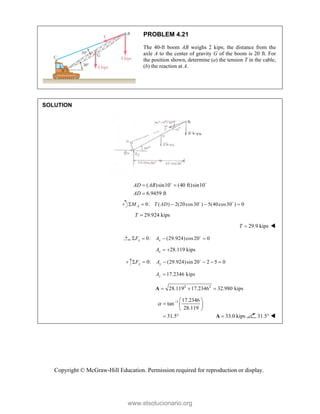 Copyright © McGraw-Hill Education. Permission required for reproduction or display.
PROBLEM 4.21
The 40-ft boom AB weighs 2 kips; the distance from the
axle A to the center of gravity G of the boom is 20 ft. For
the position shown, determine (a) the tension T in the cable,
(b) the reaction at A.
SOLUTION
( )sin10 (40 ft)sin10
6.9459 ft
AD AB
AD
 

 
0: ( ) 2(20cos30 ) 5(40cos30 ) 0
A
M T AD
    
 
29.924 kips
T 
29.9 kips
T  
0: (29.924)cos 20 0
x x
F A
   

28.119 kips
x
A  
0: (29.924)sin 20 2 5 0
y y
F A
     

17.2346 kips
y
A 
2 2
28.119 17.2346 32.980 kips
  
A
1 17.2346
tan
28.119
31.5
   
  
 
  33.0 kips

A 31.5° 
www.elsolucionario.org
 