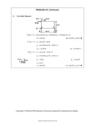 Copyright © McGraw-Hill Education. Permission required for reproduction or display.
PROBLEM 4.23 (Continued)
(b) Free-Body Diagram:
0: ( cos30 )(20 in.) (40 lb)(10 in.) (50 lb)(4 in.) 0
A
M B
     
34.64 lb
B  34.6 lb

B 60.0° 
0: sin30 40 lb
x x
F A B
    
(34.64 lb)sin30 40 lb 0
x
A    
22.68 lb
x
A   22.68 lb
x 
A
0: cos30 50 lb 0
y y
F A B
     
(34.64 lb)cos30 50 lb 0
y
A    
20 lb
y
A   20.0 lb
y 
A
41.4
30.24 lb
A
  
 30.2 lb

A 41.4° 
www.elsolucionario.org
 