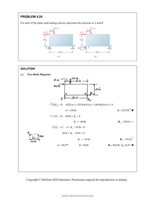 Copyright © McGraw-Hill Education. Permission required for reproduction or display.
PROBLEM 4.24
For each of the plates and loadings shown, determine the reactions at A and B.
SOLUTION
(a) Free-Body Diagram:
0: (20 in.) (50 lb)(16 in.) (40 lb)(10 in.) 0
B
M A
    
20 lb
A   20.0 lb

A 
0: 40 lb 0
x x
F B
   
40 lb
x
B   40 lb
x 
B
0: 50 lb 0
y y
F A B
    
20 lb 50 lb 0
y
B
  
30 lb
y
B   30 lb
y 
B
36.87
   50 lb
B  50.0 lb

B 36.9° 
www.elsolucionario.org
 