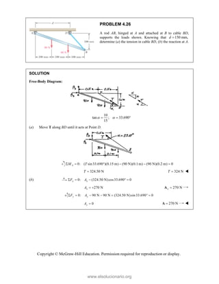 Copyright © McGraw-Hill Education. Permission required for reproduction or display.
PROBLEM 4.26
A rod AB, hinged at A and attached at B to cable BD,
supports the loads shown. Knowing that 150 mm,
d 
determine (a) the tension in cable BD, (b) the reaction at A.
SOLUTION
Free-Body Diagram:
10
tan ; 33.690°
15
 
 
(a) Move T along BD until it acts at Point D.
0: ( sin33.690 )(0.15 m) (90 N)(0.1 m) (90 N)(0.2 m) 0
A
M T
     
324.50 N
T  324 N
T  
(b) 0: (324.50 N)cos33.690 0
x x
F A
    
270 N
x
A   270 N
x 
A
0: 90 N 90 N (324.50 N)sin 33.690 0
y y
F A
      
0
y
A  270 N

A 
www.elsolucionario.org
 