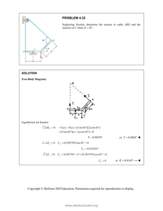 Copyright © McGraw-Hill Education. Permission required for reproduction or display.
PROBLEM 4.32
Neglecting friction, determine the tension in cable ABD and the
reaction at C when   45.
SOLUTION
Free-Body Diagram:
Equilibrium for bracket:
0: ( ) ( ) ( sin 45 )(2 sin 45 )
( cos45 )( 2 cos45 ) 0
C
M T a P a T a
T a a
      
    
0.58579
T  or 0.586
T P
 
0: (0.58579 )sin 45 0
x x
F C P
    
0.41422
x
C P

0: 0.58579 (0.58579 )cos 45 0
y y
F C P P P
      
0
y
C  or 0.414P

C 
www.elsolucionario.org
 