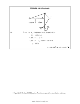 Copyright © McGraw-Hill Education. Permission required for reproduction or display.
PROBLEM 4.43 (Continued)
(b) 0: (3600 lb)(12 ft) (1200 lb)(6.5 ft) 0
E E
M M
    
  51,000 lb ft
E
M   
 0 0
x x
F E
   
0: 3600 lb 1200 lb 0
y y
F E
    
4800 lb
y
E 
4.80 kips

E ; 51.0 kip ft
E  
M 
www.elsolucionario.org
 