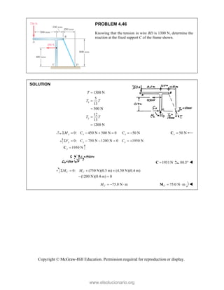 Copyright © McGraw-Hill Education. Permission required for reproduction or display.
PROBLEM 4.46
Knowing that the tension in wire BD is 1300 N, determine the
reaction at the fixed support C of the frame shown.
SOLUTION
1300 N
5
13
500 N
12
13
1200 N
x
y
T
T T
T T





0: 450 N 500 N 0 50 N
x x x
M C C
       50 N
x 
C
0: 750 N 1200 N 0 1950 N
y y y
F C C
      
1950 N
y 
C
1951 N

C 88.5° 
0: (750 N)(0.5 m) (4.50 N)(0.4 m)
(1200 N)(0.4 m) 0
C C
M M
   
 
75.0 N m
C
M    75.0 N m
C  
M 
www.elsolucionario.org
 