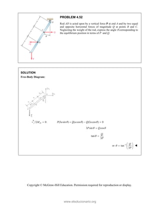 Copyright © McGraw-Hill Education. Permission required for reproduction or display.
PROBLEM 4.52
Rod AD is acted upon by a vertical force P at end A and by two equal
and opposite horizontal forces of magnitude Q at points B and C.
Neglecting the weight of the rod, express the angle  corresponding to
the equilibrium position in terms of P and Q.
SOLUTION
Free-Body Diagram:
0:
D
M
  (3 sin ) ( cos ) (2 cos ) 0
P a Q a Q a
  
  
3 sin cos
P Q
 

tan
3
Q
P
 
or 1
tan
3
Q
P
   
  
 

www.elsolucionario.org
 