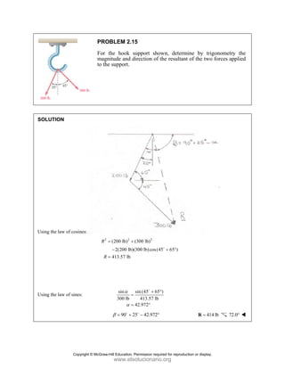 PROBLEM 2.15
For the hook support shown, determine by trigonometry the
magnitude and direction of the resultant of the two forces applied
to the support.
SOLUTION
Using the law of cosines:
2 2 2
(200 lb) (300 lb)
2(200 lb)(300 lb)cos(45 65 )
413.57 lb
R
R
= +
− + °
=
D
Using the law of sines:
sin sin (45 65 )
300 lb 413.57 lb
42.972
α
α
+ °
=
= °
D
90 25 42.972
β = + − °
D D
414 lb
=
R 72.0°
Copyright © McGraw-Hill Education. Permission required for reproduction or display.
www.elsolucionario.org
 