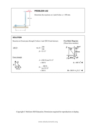 Copyright © McGraw-Hill Education. Permission required for reproduction or display.
PROBLEM 4.62
Determine the reactions at A and B when 180 mm.
a 
SOLUTION
Reaction at B must pass through D where A and 300-N load intersect.
:
BCD

240
tan
180
53.13



 
Force triangle
(300 N) tan53.13
400 N
A  
 400 N

A 
300 N
cos 53.13°
500 N
B 
  500 N

B 53.1 
Free-Body Diagram:
(Three-force member)
www.elsolucionario.org
 