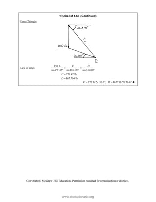 Copyright © McGraw-Hill Education. Permission required for reproduction or display.
PROBLEM 4.68 (Continued)
Force Triangle
Law of sines:
150 lb
sin 29.745 sin116.565 sin33.690
C D
 
  
270.42 lb,
167.704 lb
C
D


270 lb

C 56.3 ;
 167.7 lb

D 26.6
www.elsolucionario.org
 