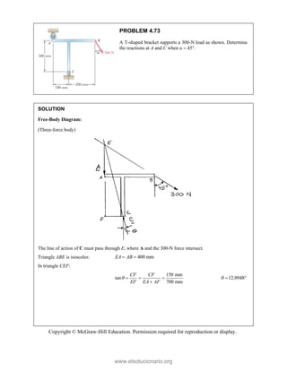 Copyright © McGraw-Hill Education. Permission required for reproduction or display.
PROBLEM 4.73
A T-shaped bracket supports a 300-N load as shown. Determine
the reactions at A and C when α  45°.
SOLUTION
Free-Body Diagram:
(Three-force body)
The line of action of C must pass through E, where A and the 300-N force intersect.
Triangle ABE is isosceles: 400 mm
EA AB
 
In triangle CEF:
150 mm
tan
700 mm
CF CF
EF EA AF
   

12.0948
  
www.elsolucionario.org
 