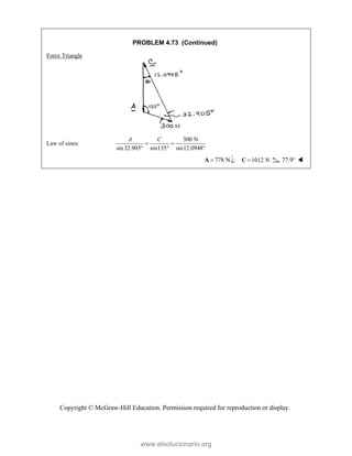 Copyright © McGraw-Hill Education. Permission required for reproduction or display.
PROBLEM 4.73 (Continued)
Force Triangle
Law of sines:
300 N
sin32.905 sin135 sin12.0948
A C
 
  
778 N

A ; 1012 N

C 77.9 
www.elsolucionario.org
 