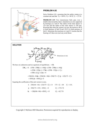 Copyright © McGraw-Hill Education. Permission required for reproduction or display.
PROBLEM 4.92
Solve Problem 4.91, assuming that the pulley rotates at a
constant rate and that TB  104 N, T′B  84 N, TC  175 N.
PROBLEM 4.91 Two transmission belts pass over a
double-sheaved pulley that is attached to an axle supported
by bearings at A and D. The radius of the inner sheave is
125 mm and the radius of the outer sheave is 250 mm.
Knowing that when the system is at rest, the tension is 90 N
in both portions of belt B and 150 N in both portions of
belt C, determine the reactions at A and D. Assume that the
bearing at D does not exert any axial thrust.
SOLUTION
Dimensions in mm
We have six unknowns and six equations of equilibrium. —OK
0: (150 250 ) ( 104 ) (150 250 ) ( 84 )
(250 125 ) ( 175 ) (250 125 ) ( )
450 ( ) 0
A
C
y z
T
D D
        
       
   
M i k j i k j
j k i j
i
i j k
150(104 84) 250(104 84) 250(175 ) 125(175 )
450 450 0
C C
y z
T T
D D
 
       
  
k i j
k j
Equating the coefficients of the unit vectors to zero,
: 250(104 84) 125(175 ) 0 175 40 135;
C C C
T T T
  
      
i
: 250(175 135) 450 0
z
D
  
j 172.2 N
z
D 
: 150(104 84) 450 0
y
D
   
k 62.7 N
y
D 
www.elsolucionario.org
 