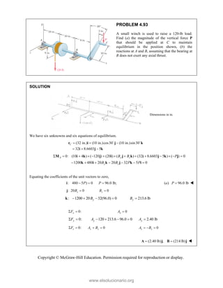 Copyright © McGraw-Hill Education. Permission required for reproduction or display.
PROBLEM 4.93
A small winch is used to raise a 120-lb load.
Find (a) the magnitude of the vertical force P
that should be applied at C to maintain
equilibrium in the position shown, (b) the
reactions at A and B, assuming that the bearing at
B does not exert any axial thrust.
SOLUTION
Dimensions in in.
We have six unknowns and six equations of equilibrium.
(32 in.) (10 in.)cos30 (10 in.)sin30
32 8.6603 5
C   
  
r i j k
i j k
 
0: (10 4 ) ( 120 ) (20 ) ( ) (32 8.6603 5 ) ( ) 0
1200 480 20 20 32 5 0
A y z
y z
B B P
B B P P
             
      
M i k j i j k j k j
i
k i k j k i
Equating the coefficients of the unit vectors to zero,
: 480 5 ) 0 96.0 lb;
P P
  
i ( ) 96.0 lb
a P  
: 20 0
z
B 
j 0
z
B 
: 1200 20 32(96.0) 0
y
B
   
k 213.6 lb
y
B 
0:
x
F
  0
x
A 
0:
y
F
  120 213.6 96.0 0
y
A     2.40 lb
y
A 
0:
z
F
  0
z z
A B
  0
z z
A B
  
(2.40 lb) ; (214 lb)
 
A j B j 
www.elsolucionario.org
 