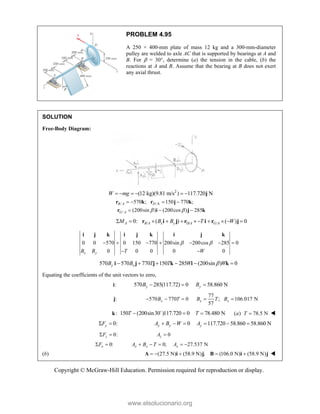 Copyright © McGraw-Hill Education. Permission required for reproduction or display.
PROBLEM 4.95
A 250 × 400-mm plate of mass 12 kg and a 300-mm-diameter
pulley are welded to axle AC that is supported by bearings at A and
B. For  = 30°, determine (a) the tension in the cable, (b) the
reactions at A and B. Assume that the bearing at B does not exert
any axial thrust.
SOLUTION
Free-Body Diagram:
2
(12 kg)(9.81 m/s ) 117.720 N
W mg
      j
/ /A
/
570 ; 150 770 ;
(200sin ) (200cos ) 285
B A D
G A  
   
  
r k r j k
r i j k
/ D/ /
0: ( ) ( ) 0
A B A x y A G A
M B B T W
         
r i j r i r j
0 0 570 0 150 770 200sin 200cos 285 0
0 0 0 0 0
x y
B B T W
 
      
 
i j k i j k i j k
570 570 770 150 285 (200sin ) 0
y x
B B T T W W

     
i j j k i k
Equating the coefficients of the unit vectors to zero,
:
i 570 285(117.72) 0
y
B   58.860 N
y
B 
:
j 570 770 0
x
B T
  
77
; 106.017 N
57
x x
B T B
 
:
k 150 (200sin30 )117.720 0
T  

78.480 N
T  ( ) 78.5 N
a T  
0:
y
F
  0
y y
A B W
   117.720 58.860 58.860 N
y
A   
0:
z
F
  0
z
A 
0:
x
F
  0; 27.537 N
x x x
A B T A
    
(b) (27.5 N) (58.9 N) ; (106.0 N) (58.9 N)
    
A i j B i j 
www.elsolucionario.org
 