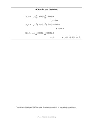 Copyright © McGraw-Hill Education. Permission required for reproduction or display.
PROBLEM 4.105 (Continued)
6 6
0: (1100 lb) (1100 lb) 0
11 11
x x
F A
    
1200 lb
x
A 
7 7
0: (1100 lb) (1100 lb) 840 lb 0
11 11
y y
F A
     
560 lb
y
A  
6 6
0: (1100 lb) (1100 lb) 0
11 11
z z
F A
    
0
z
A  (1200 lb) (560 lb)
 
A i j 
www.elsolucionario.org
 