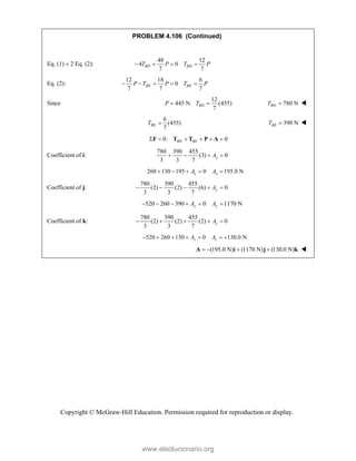 Copyright © McGraw-Hill Education. Permission required for reproduction or display.
PROBLEM 4.106 (Continued)
Eq. (1)  2 Eq. (2):
48 12
4 0
7 7
BD BD
T P T P
   
Eq. (2):
12 18 6
0
7 7 7
BE BE
P T P T P
    
Since
12
445 N (455)
7
BD
P T
  780 N
BD
T  
6
(455)
7
BE
T  390 N
BE
T  
0: 0
BD BE
     
F T T P A
Coefficient of i:
780 390 455
(3) 0
3 3 7
x
A
   
260 130 195 0 195.0 N
x x
A A
    
Coefficient of j:
780 390 455
(2) (2) (6) 0
3 3 7
y
A
    
520 260 390 0 1170 N
y y
A A
     
Coefficient of k:
780 390 455
(2) (2) (2) 0
3 3 7
z
A
    
520 260 130 0 130.0 N
z z
A A
      
(195.0 N) (1170 N) (130.0 N)
   
A i j k 
www.elsolucionario.org
 