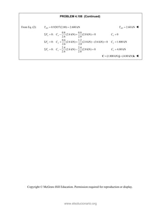 Copyright © McGraw-Hill Education. Permission required for reproduction or display.
PROBLEM 4.108 (Continued)
From Eq. (2): 0.92857(2.80) 2.600 kN
AD
T   2.60 kN
AD
T  
0.8 0.8
0: (2.6 kN) (2.8 kN) 0 0
2.6 2.8
0.6 1.2
0: (2.6 kN) (2.8 kN) (3.6 kN) 0 1.800 kN
2.6 2.8
2.4 2.4
0: (2.6 kN) (2.8 kN) 0 4.80 kN
2.6 2.8
x x x
y y y
z z z
F C C
F C C
F C C
     
      
     
(1.800 kN) (4.80 kN)
 
C j k 
www.elsolucionario.org
 
