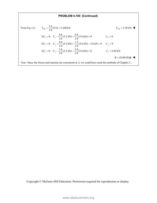Copyright © McGraw-Hill Education. Permission required for reproduction or display.
PROBLEM 4.109 (Continued)
From Eq. (1):
2.6
(5.6) 5.200 kN
2.8
AD
T   5.20 kN
AD
T  
0.8 0.8
0: (5.2 kN) (5.6 kN) 0 0
2.6 2.8
0.6 1.2
0: (5.2 kN) (5.6 kN) 3.6 kN 0 0
2.6 2.8
2.4 2.4
0: (5.2 kN) (5.6 kN) 0 9.60 kN
2.6 2.8
x x x
y y y
z z z
F C C
F C C
F C C
     
      
     
(9.60 kN)

C k 
Note: Since the forces and reaction are concurrent at A, we could have used the methods of Chapter 2.
www.elsolucionario.org
 