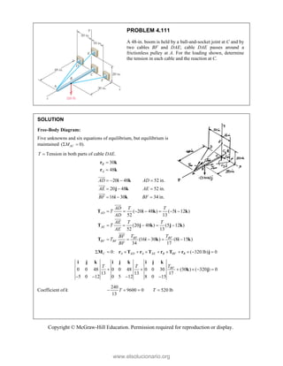 Copyright © McGraw-Hill Education. Permission required for reproduction or display.
PROBLEM 4.111
A 48-in. boom is held by a ball-and-socket joint at C and by
two cables BF and DAE; cable DAE passes around a
frictionless pulley at A. For the loading shown, determine
the tension in each cable and the reaction at C.
SOLUTION
Free-Body Diagram:
Five unknowns and six equations of equilibrium, but equilibrium is
maintained ( 0).
AC
M
 
T  Tension in both parts of cable DAE.
30
48
B
A


r k
r k
20 48 52 in.
20 48 52 in.
16 30 34 in.
AD AD
AE AE
BF BF
   
  
  
i k
j k
i k





( 20 48 ) ( 5 12 )
52 13
(20 48 ) (5 12 )
52 13
(16 30 ) (8 15 )
34 17
AD
AE
BF BF
BF BF
AD T T
T
AD
AE T T
T
AE
T T
BF
T
BF
      
    
    
T i k i k
T j k j k
T i k i k





0: ( 320 lb) 0
C A AD A AE B BF B
          
M r T r T r T r j
0 0 48 0 0 48 0 0 30 (30 ) ( 320 ) 0
13 13 17
5 0 12 0 5 12 8 0 15
BF
T
T T
     
   
i j k i j k i j k
k j
Coefficient of i:
240
9600 0 520 lb
13
T T
   
www.elsolucionario.org
 