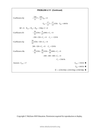 Copyright © McGraw-Hill Education. Permission required for reproduction or display.
PROBLEM 4.111 (Continued)
Coefficient of j:
240 240
0
13 17
BD
T T
  
17 17
(520) 680 lb
13 13
BD BD
T T T
  
0: 320 0
AD AE BF C
      
F T T T j
Coefficient of i:
20 8
(520) (680) 0
52 17
x
C
   
200 320 0 120 lb
x x
C C
     
Coefficient of j:
20
(520) 320 0
52
y
C
  
200 320 0 120 lb
y y
C C
   
Coefficient of k:
48 48 30
(520) (520) (680) 0
52 52 34
z
C
    
480 480 600 0
z
C
    
1560 lb
z
C 
Answers: DAE
T T
 520 lb
DAE
T  
680 lb
BD
T  
(120.0 lb) (120.0 lb) (1560 lb)
   
C i j k 
www.elsolucionario.org
 