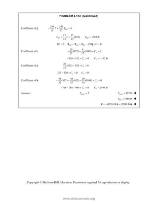 Copyright © McGraw-Hill Education. Permission required for reproduction or display.
PROBLEM 4.112 (Continued)
Coefficient of j:
240 240
0
13 17
BD
T T
  
17 17
(832) 1088 lb
13 13
BD BD
T T T
  
0: 320 0
AD AE BF
      
F T T T j C
Coefficient of i:
20 8
(832) (1088) 0
52 17
x
C
   
320 512 0 192 lb
x x
C C
     
Coefficient of j:
20
(832) 320 0
52
y
C
  
320 320 0 0
y y
C C
   
Coefficient of k:
48 48 30
(832) (852) (1088) 0
52 52 34
z
C
    
768 768 960 0 2496 lb
z z
C C
     
Answers: DAE
T T
 832 lb
DAE
T  
1088 lb
BD
T  
(192.0 lb) (2500 lb)
  
C i k 
www.elsolucionario.org
 
