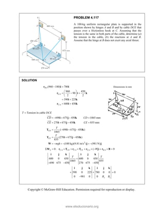 Copyright © McGraw-Hill Education. Permission required for reproduction or display.
PROBLEM 4.117
A 100-kg uniform rectangular plate is supported in the
position shown by hinges A and B and by cable DCE that
passes over a frictionless hook at C. Assuming that the
tension is the same in both parts of the cable, determine (a)
the tension in the cable, (b) the reactions at A and B.
Assume that the hinge at B does not exert any axial thrust.
SOLUTION
/
/
/
(960 180) 780
960 450
90
2 2
390 225
600 450
B A
G A
C A
 
 
  
 
 
 
 
r i i
r i k
i k
r i k
Dimensions in mm
T  Tension in cable DCE
690 675 450 1065 mm
270 675 450 855 mm
CD CD
CE CE
    
   
i j k
i j k




2
( 690 675 450 )
1065
(270 675 450 )
855
(100 kg)(9.81m/s ) (981 N)
CD
CE
T
T
mg
   
  
     
T i j k
T i j k
W i j j
/ / / /
0: ( ) 0
A C A CD C A CE G A B A
W
          
M r T r T r j r B
600 0 450 600 0 450
1065 855
690 675 450 270 675 450
390 0 225 780 0 0 0
0 981 0 0 y z
T T
B B

  
  

i j k i j k
i j k i j k
www.elsolucionario.org
 