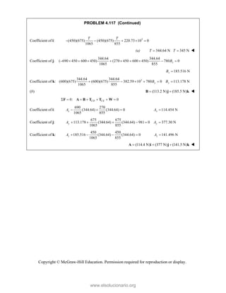 Copyright © McGraw-Hill Education. Permission required for reproduction or display.
PROBLEM 4.117 (Continued)
Coefficient of i: 3
(450)(675) (450)(675) 220.73 10 0
1065 855
T T
    
(a) 344.64 N
T  345 N
T  
Coefficient of j:
344.64 344.64
( 690 450 600 450) (270 450 600 450) 780 0
1065 855
z
B
         
185.516 N
z
B 
Coefficient of k: 3
344.64 344.64
(600)(675) (600)(675) 382.59 10 780 0 113.178 N
1065 855
y y
B B
     
(b) (113.2 N) (185.5 N)
 
B j k 
0: 0
CD CE
      
F A B T T W
Coefficient of i:
690 270
(344.64) (344.64) 0
1065 855
x
A    114.454 N
x
A 
Coefficient of j:
675 675
113.178 (344.64) (344.64) 981 0 377.30 N
1065 855
y y
A A
     
Coefficient of k:
450 450
185.516 (344.64) (344.64) 0
1065 855
z
A     141.496 N
z
A 
(114.4 N) (377 N) (141.5 N)
  
A i j k 
www.elsolucionario.org
 