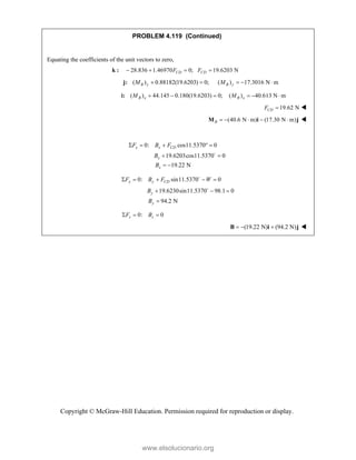 Copyright © McGraw-Hill Education. Permission required for reproduction or display.
PROBLEM 4.119 (Continued)
Equating the coefficients of the unit vectors to zero,
28.836 1.46970 0; 19.6203 N
CD CD
F F
   
k :
( ) 0.88182(19.6203) 0; ( ) 17.3016 N m
B y B y
M M
    
j:
( ) 44.145 0.180(19.6203) 0; ( ) 40.613 N m
B x B x
M M
     
i:
19.62 N
CD
F  
(40.6 N m) (17.30 N m)
B     
M i j 
0: cos11.5370 0
19.6203cos11.5370 0
19.22 N
x x CD
x
x
F B F
B
B
    
 
 

0: sin11.5370 0
19.6230sin11.5370 98.1 0
94.2 N
y y CD
y
y
F B F W
B
B
    
  



0: 0
z z
F B
  
(19.22 N) (94.2 N)
  
B i j 
www.elsolucionario.org
 