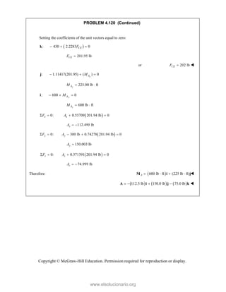 Copyright © McGraw-Hill Education. Permission required for reproduction or display.
PROBLEM 4.120 (Continued)
Setting the coefficients of the unit vectors equal to zero:
 
: 450 2.2283 0
CE
F
  
k
201.95 lb
CE
F 
or 202 lb
CE
F  
: 1.11417(201.95) ( ) 0
y
A
M
  
j
225.00 lb ft
y
A
M  
: 600 0
x
A
M
  
i
600 lb ft
x
A
M  
 
0: 0.55709 201.94 lb 0
x x
F A
   
112.499 lb
x
A  
 
0: 300 lb 0.74278 201.94 lb 0
y y
F A
    
150.003 lb
y
A 
 
0: 0.371391 201.94 lb 0
z z
F A
   
74.999 lb
z
A  
Therefore:  
600 lb ft (225 lb ft)
A    
M i j
     
112.5 lb 150.0 lb 75.0 lb
   
A i j k 
www.elsolucionario.org
 