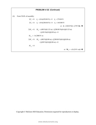 Copyright © McGraw-Hill Education. Permission required for reproduction or display.
PROBLEM 4.122 (Continued)
(b) From F.B.D. of assembly:
0: (0.6)(450.00 N) 0 270.00 N
    
z z z
F A A
0: (0.8)(200.00 N) 0 160.000 N
    
x x x
F A A
or (160.0 N) (270 N)
 
A i k 
0: (480 N)(0.135 m) [(200.00 N)(0.6)](0.135 m)
[(450 N)(0.8)](0.09 m) 0
   
 
x
x A
M M
16.2000 N m
x
A
M   
0: (480 N)(0.08 m) [(200.00 N)(0.6)](0.08 m)
[(450 N)(0.8)](0.08 m) 0
z
z A
M M
   
 
0
z
A
M 
or (16.20 N m)
A   
M i 
www.elsolucionario.org
 