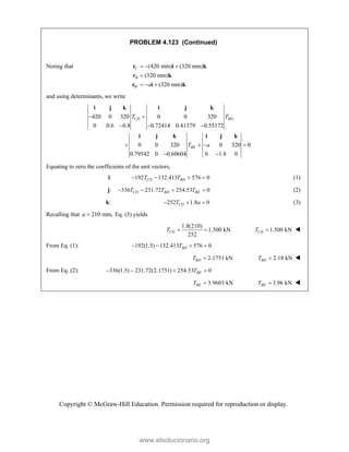 Copyright © McGraw-Hill Education. Permission required for reproduction or display.
PROBLEM 4.123 (Continued)
Noting that (420 mm) (320 mm)
(320 mm)
(320 mm)
C
B
W a
  

  
r i k
r k
r i k
and using determinants, we write
420 0 320 0 0 320
0 0.6 0.8 0.72414 0.41379 0.55172
0 0 320 0 320 0
0.79542 0 0.60604 0 1.8 0
CD BD
BE
T T
T a
 
  
   
 
i j k i j k
i j k i j k
Equating to zero the coefficients of the unit vectors,
i: 192 132.413 576 0
CD BD
T T
    (1)
:
j 336 231.72 254.53 0
CD BD BE
T T T
    (2)
k: 252 1.8 0
CD
T a
   (3)
Recalling that 210 mm,
a  Eq. (3) yields
1.8(210)
1.500 kN
252
CD
T   1.500 kN
CD
T  
From Eq. (1): 192(1.5) 132.413 576 0
BD
T
   
2.1751 kN
BD
T  2.18 kN
BD
T  
From Eq. (2): 336(1.5) 231.72(2.1751) 254.53 0
BE
T
   
 3.9603 kN
BE
T   3.96 kN
BE
T  
www.elsolucionario.org
 