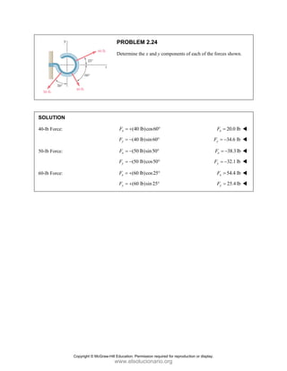 PROBLEM 2.24
Determine the x and y components of each of the forces shown.
SOLUTION
40-lb Force: (40 lb)cos60
x
F = + ° 20.0 lb
x
F =
(40 lb)sin60
y
F = − ° 34.6 lb
y
F = −
50-lb Force: (50 lb)sin50
x
F = − ° 38.3lb
x
F = −
(50 lb)cos50
y
F = − ° 32.1 lb
y
F = −
60-lb Force: (60 lb)cos25
x
F = + ° 54.4 lb
x
F =
(60 lb)sin25
y
F = + ° 25.4 lb
y
F =
Copyright © McGraw-Hill Education. Permission required for reproduction or display.
www.elsolucionario.org
 