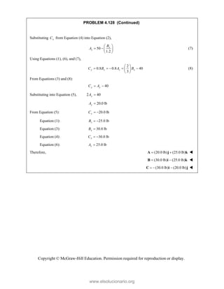 Copyright © McGraw-Hill Education. Permission required for reproduction or display.
PROBLEM 4.128 (Continued)
Substituting x
C from Equation (4) into Equation (2),
50
1.2
x
z
B
A
 
   
 
(7)
Using Equations (1), (6), and (7),
2
0.8 0.8 40
3
y z z x
C B A B
 
    
 
 
(8)
From Equations (3) and (8):
40
y y
C A
 
Substituting into Equation (5), 2 40
y
A 
20.0 lb
y
A 
From Equation (5): 20.0 lb
y
C  
Equation (1): 25.0 lb
z
B  
Equation (3): 30.0 lb
x
B 
Equation (4): 30.0 lb
x
C  
Equation (6): 25.0 lb
z
A 
Therefore, (20.0 lb) (25.0 lb)
 
A j k 
  (30.0 lb) (25.0 lb)
 
B i k 
 (30.0 lb) (20.0 lb)
  
C i j 
www.elsolucionario.org
 