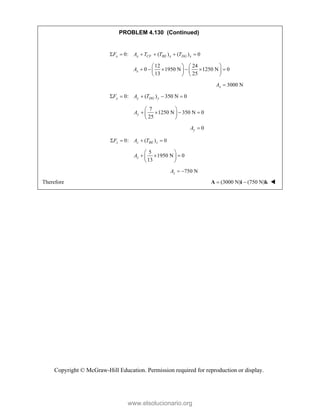Copyright © McGraw-Hill Education. Permission required for reproduction or display.
PROBLEM 4.130 (Continued)
0: ( ) ( ) 0
x x CF BE x DG x
F A T T T
     
12 24
0 1950 N 1250 N 0
13 25
x
A
   
     
   
   

 3000 N
x
A  
0: ( ) 350 N 0
y y DG y
F A T
    
7
1250 N 350 N 0
25
y
A
 
   
 
 
0
y
A 
0: ( ) 0
z z BE z
F A T
   
5
1950 N 0
13
z
A
 
  
 
 
750 N
z
A  
Therefore (3000 N) (750 N)
 
A i k 
www.elsolucionario.org
 