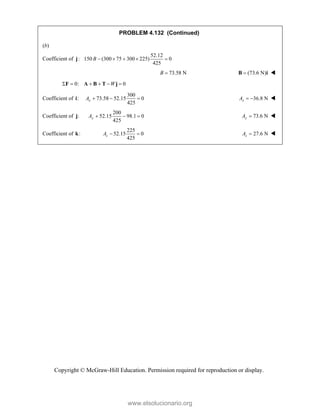 Copyright © McGraw-Hill Education. Permission required for reproduction or display.
PROBLEM 4.132 (Continued)
(b)
Coefficient of
52.12
: 150 (300 75 300 225) 0
425
B     
j
73.58 N
B  (73.6 N)

B i 
0: 0
W
     
F A B T j
Coefficient of :
i
300
73.58 52.15 0
425
x
A    36.8 N
x
A   
Coefficient of :
j
200
52.15 98.1 0
425
y
A    73.6 N
y
A  
Coefficient of :
k
225
52.15 0
425
z
A   27.6 N
z
A  
www.elsolucionario.org
 