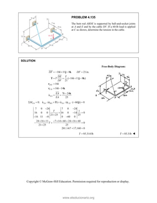 Copyright © McGraw-Hill Education. Permission required for reproduction or display.
PROBLEM 4.135
The bent rod ABDE is supported by ball-and-socket joints
at A and E and by the cable DF. If a 60-lb load is applied
at C as shown, determine the tension in the cable.
SOLUTION
Free-Body Diagram:
/
/
16 11 8 21in.
( 16 11 8 )
21
16
16 14
7 24
25
D E
C E
EA
DF DF
DE T
T
DF
EA
EA
    
    

 

 
i j k
T i j k
r i
r i k
i k
λ




/ /
0: ( ) ( ( 60 )) 0
EA EA B E EA C E
M
        
λ r T λ r j
7 0 24 7 0 24
1
16 0 0 16 0 14 0
21 25 25
16 11 8 0 60 0
24 16 11 7 14 60 24 16 60
0
21 25 25
201.14 17,160 0
T
T
T
 
  

  
       
  

 
85.314 lb
T  85.3 lb
T  
www.elsolucionario.org
 