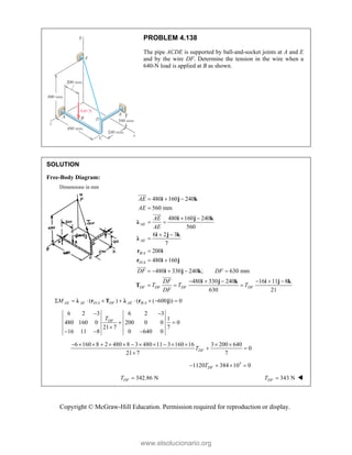 Copyright © McGraw-Hill Education. Permission required for reproduction or display.
PROBLEM 4.138
The pipe ACDE is supported by ball-and-socket joints at A and E
and by the wire DF. Determine the tension in the wire when a
640-N load is applied at B as shown.
SOLUTION
Free-Body Diagram:
Dimensions in mm
/
/
480 160 240
560 mm
480 160 240
560
6 2 3
7
200
480 160
AE
AE
B A
D A
AE
AE
AE
AE
  

 
 
 


 
i j k
i j k
λ
i j k
λ
r i
r i j




480 330 240 ; 630 mm
480 330 240 16 11 8
630 21
DF DF DF DF
DF DF
DF
T T T
DF
    
     
  
i j k
i j k i j k
T


/ /
( ) ( ( 600 )) 0
AE AE D A DF AE B A
M
        
λ r T λ r j
6 2 3 6 2 3
1
480 160 0 200 0 0 0
21 7 7
16 11 8 0 640 0
DF
T
 
 

  
6 160 8 2 480 8 3 480 11 3 160 16 3 200 640
0
21 7 7
DF
T
             
 

3
1120 384 10 0
DF
T
   
342.86 N
DF
T  343 N
DF
T  
www.elsolucionario.org
 