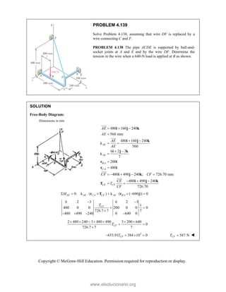 Copyright © McGraw-Hill Education. Permission required for reproduction or display.
PROBLEM 4.139
Solve Problem 4.138, assuming that wire DF is replaced by a
wire connecting C and F.
PROBLEM 4.138 The pipe ACDE is supported by ball-and-
socket joints at A and E and by the wire DF. Determine the
tension in the wire when a 640-N load is applied at B as shown.
SOLUTION
Free-Body Diagram:
Dimensions in mm
/
/
480 160 240
560 mm
480 160 240
560
6 2 3
7
200
480
480 490 240 ; 726.70 mm
480 490 240
726.70
AE
AE
B A
C A
CF CF
AE
AE
AE
AE
CF CF
CE
T
CF
  

 
 
 



    
  
 
i j k
i j k
λ
i j k
λ
r i
r i
i j k
i j k
T








/ /
0: ( ) ( ( 600 )) 0
AE AE C A CF AE B A
M
        
λ r T λ r j
6 2 3 6 2 3
1
480 0 0 200 0 0 0
726.7 7 7
480 490 240 0 640 0
CF
T
 
 

   
2 480 240 3 480 490 3 200 640
0
726.7 7 7
CF
T
      
 

3
653.91 384 10 0
CF
T
    587 N
CF
T  
www.elsolucionario.org
 